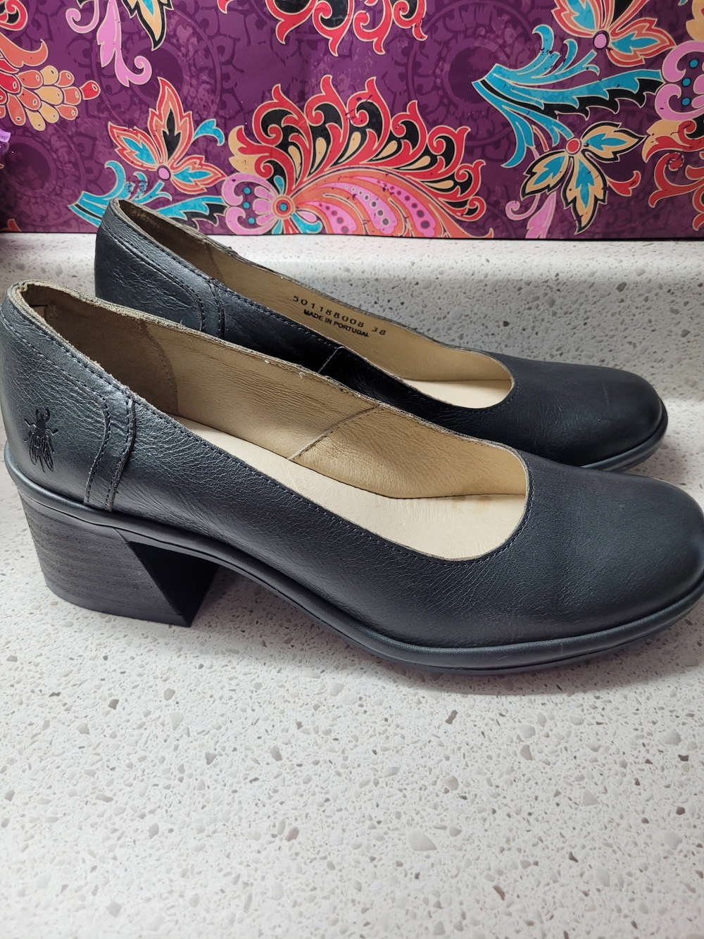 Fly London Forest Green Leather Block Heel Pumps Size EU 38 (US 7.5)